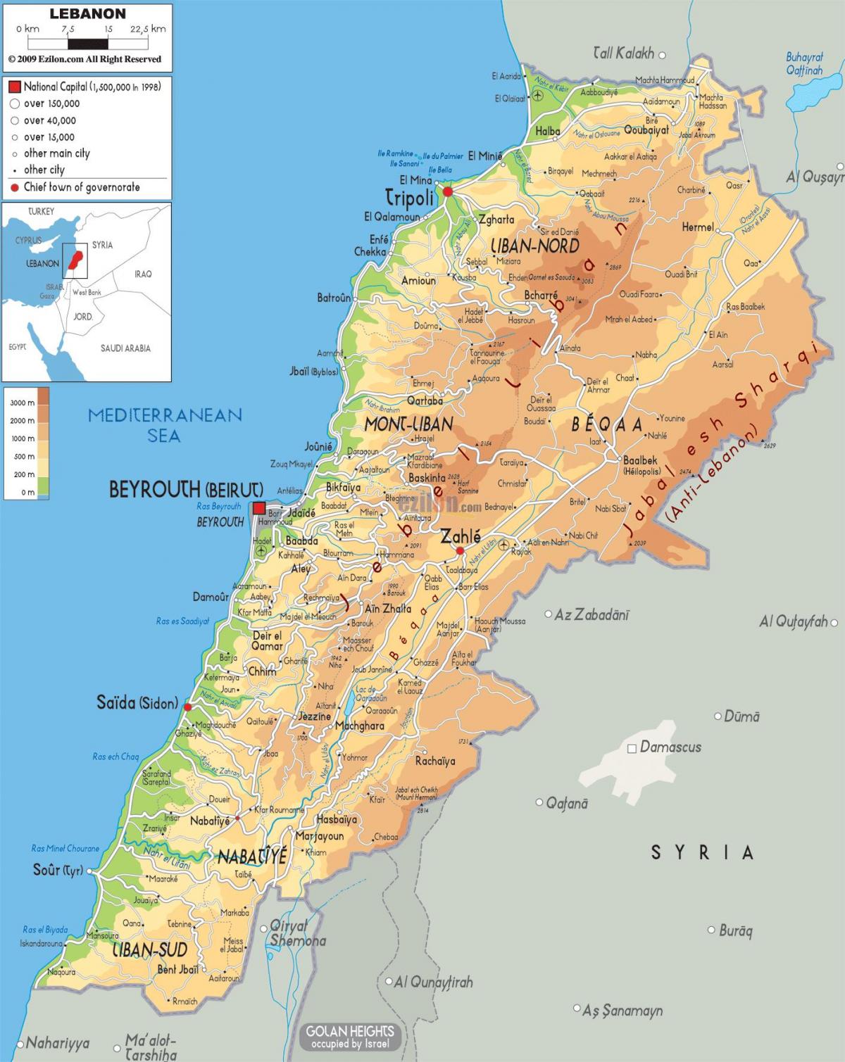 kort af Líbanon líkamlega