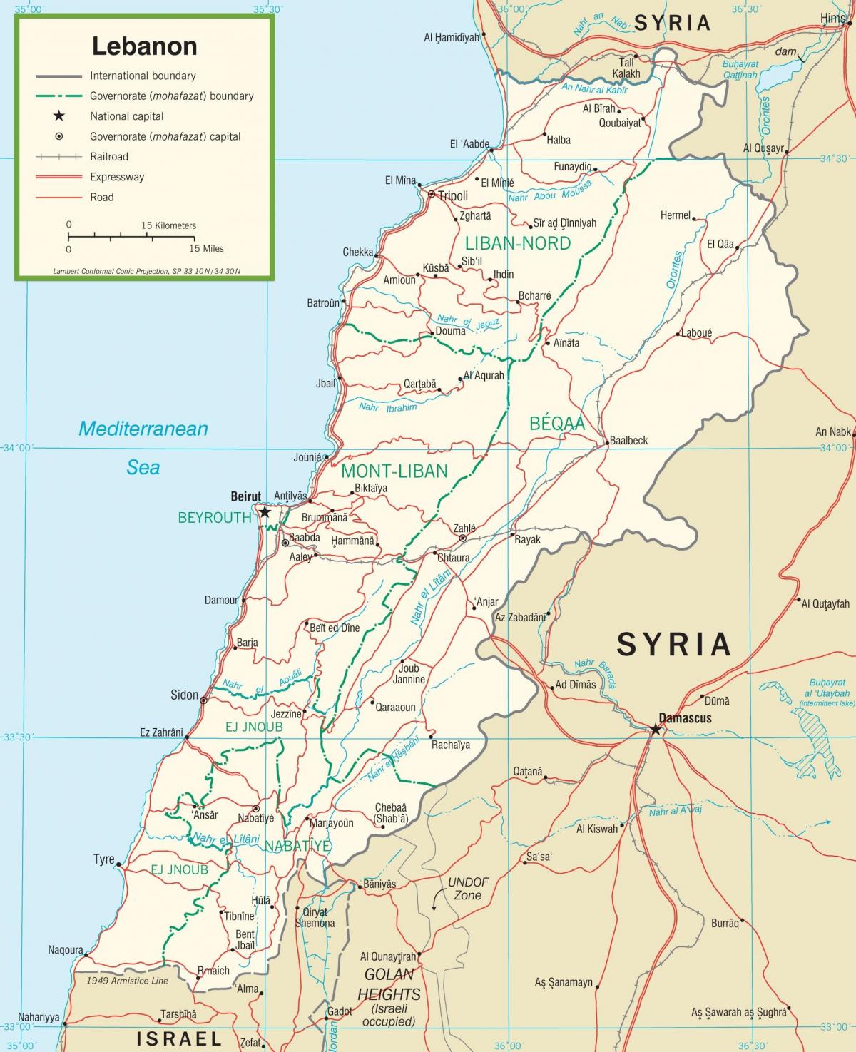 Líbanon vegi kort