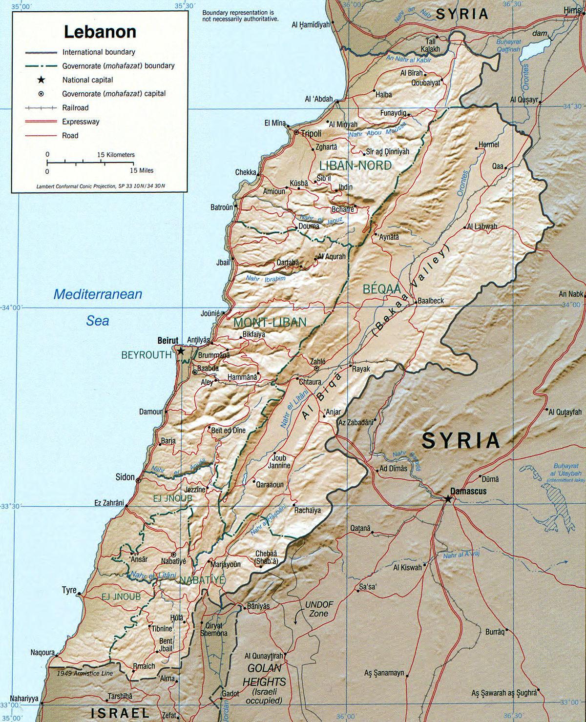 kort af Líbanon landafræði